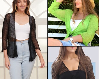 Women Super Stretchy Knitted Tie up Cardigan Fish Net Bolero Shrug Top Ladies Long Sleeves Blouse Lightweight One Size