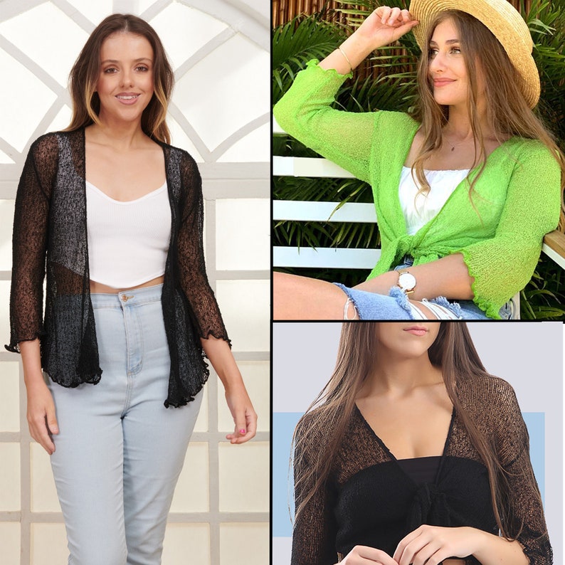 Women Super Stretchy Knitted Tie up Cardigan Fish Net Bolero Shrug Top Ladies Long Sleeves Blouse Lightweight One Size image 1