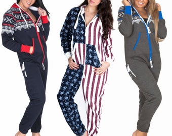 Unisex Onesie for Women USA Flag Print Zip Up Adult All in One 300 GSM Fleece Hooded Army Camo Sleepwear Jumpsuit