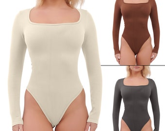 Women long sleeve padded square neck tummy control bodysuit shapewear