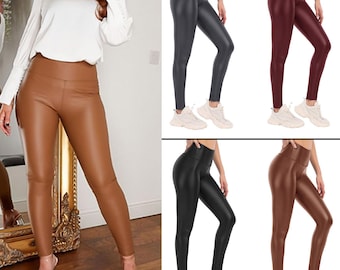 Womens Ladies Wet Look Leather High Waist Shiny Leggings Stretch Pant Trouser