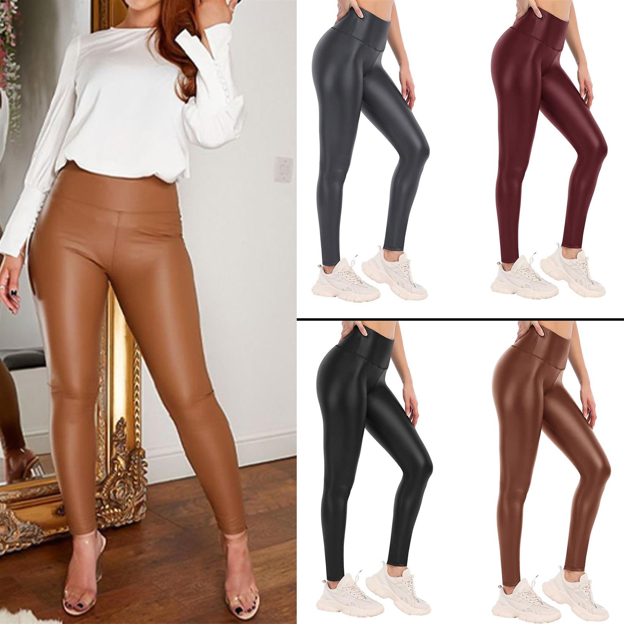 MANIFIQUE 2 Packs Women's Stretchy Faux Leather Leggings Pants Size M 