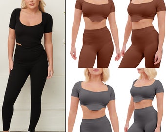 Geripptes Damen-Leggings mit hoher Taille, Crop-Top, nahtloser Stretch-Trainingsanzug, Fitnessstudio-Set