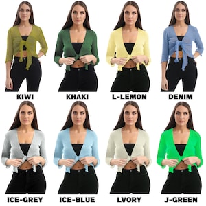 Women Super Stretchy Knitted Tie up Cardigan Fish Net Bolero Shrug Top Ladies Long Sleeves Blouse Lightweight One Size image 5