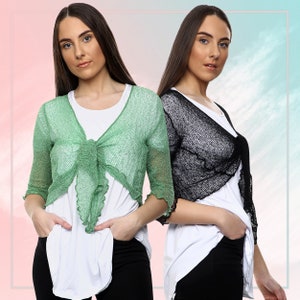 Women Super Stretchy Knitted Tie up Cardigan Fish Net Bolero Shrug Top Ladies Long Sleeves Blouse Lightweight One Size image 9