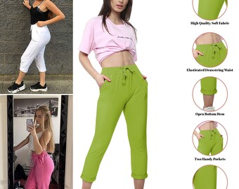 Womens Active Yoga Athletic Italian Trousers Ladies Elasticated Drawstring Waist Open Ankle Sportswear Stretchy Cotton Jogging Bottom