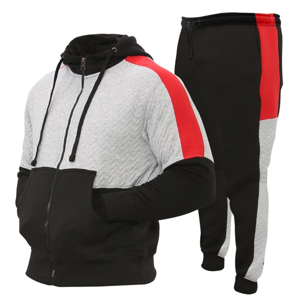 Men's Athletic Full-Zip Hooded Running Tracksuit With Pockets Sports Casual Sweat Suit V-Panel Warm Up Two-Piece Activewear