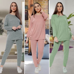 Womens Ladies Long Sleeve Plain Lounge Wear Set Casual Comfy Two Piece Survêtement