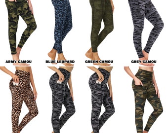 Leggings de yoga taille haute unis et imprimés avec poches évacuant l'humidité et absorbant la transpiration, tissu doux et opaque, entraînement et salle de sport