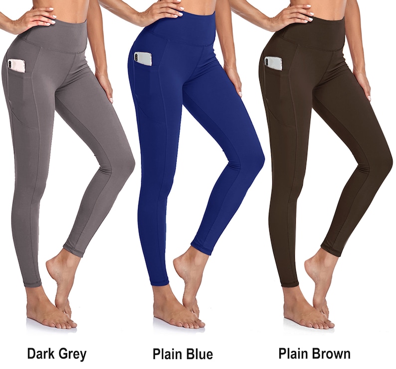 Leggings de yoga taille haute unis et imprimés avec poches évacuant l'humidité et absorbant la transpiration, tissu doux et opaque, entraînement et salle de sport Plain Pink Print