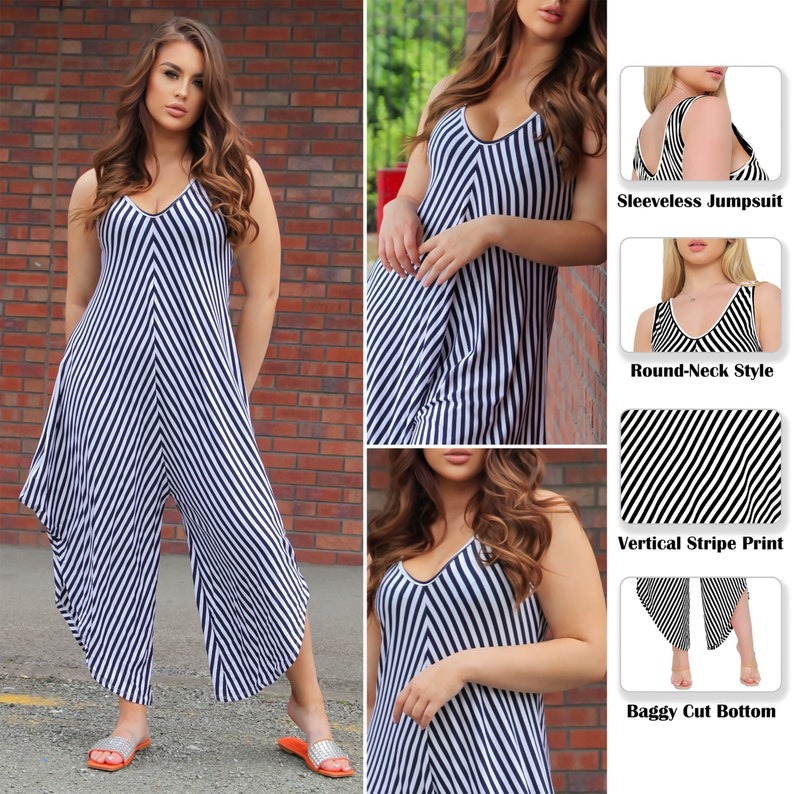 Womens Italian Double V Neck Stripe Hareem Jumpsuit Summer Festival Beach Dress zdjęcie 8