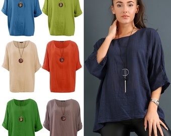 Ladies Italian Lagenlook Tunic, 100% Cotton Comfy Top Women Round Neck Necklace Quirky Shirt, Gift for her