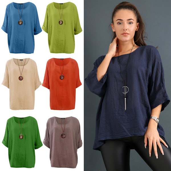 Ladies Italian Lagenlook Tunic, 100% Cotton Comfy Top Women Round Neck Necklace Quirky Shirt, Gift for her