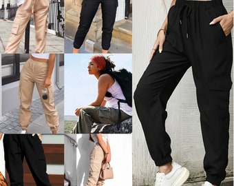 Womens Casual Cargo Jogging Bottoms Trousers Soft Warm Fleece Slim Fit Elastic High Waisted Jogging Multi Pockets Combat Drawstring Pants