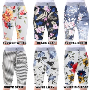 Women Knee Length Shorts Ladies Cropped Printed Trousers Magic Pants Summer Elastic Drawstring Waist Yoga 3/4 Loungewear Casual Cotton PJs