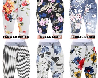 Women Knee Length Shorts Ladies Cropped Printed Trousers Magic Pants Summer Elastic Drawstring Waist Yoga 3/4 Loungewear Casual Cotton PJs