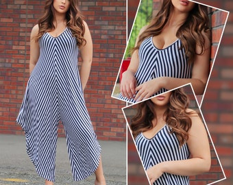 Womens Italian Double V Neck Stripe Hareem Jumpsuit Summer Festival Beach Dress