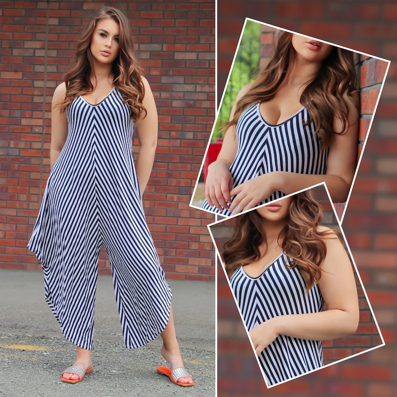 Womens Italian Double V Neck Stripe Hareem Jumpsuit Summer Festival Beach Dress zdjęcie 1