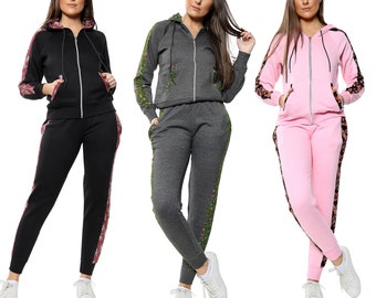 Femmes Polaire Floral Panneau Latéral Jogging Survêtement À Manches Longues Zip Up Sweat À Capuche Hoodies Pantalon Jogging Costume Sport Yoga Workout Playsuit