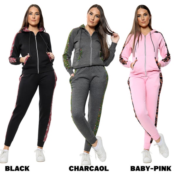 Women Fleece Floral Side Panel Jogging Tracksuit Long Sleeve Zip Up Hooded Sweatshirt Hoodies Pants Jogging Suit Sport Yoga Workout Playsuit