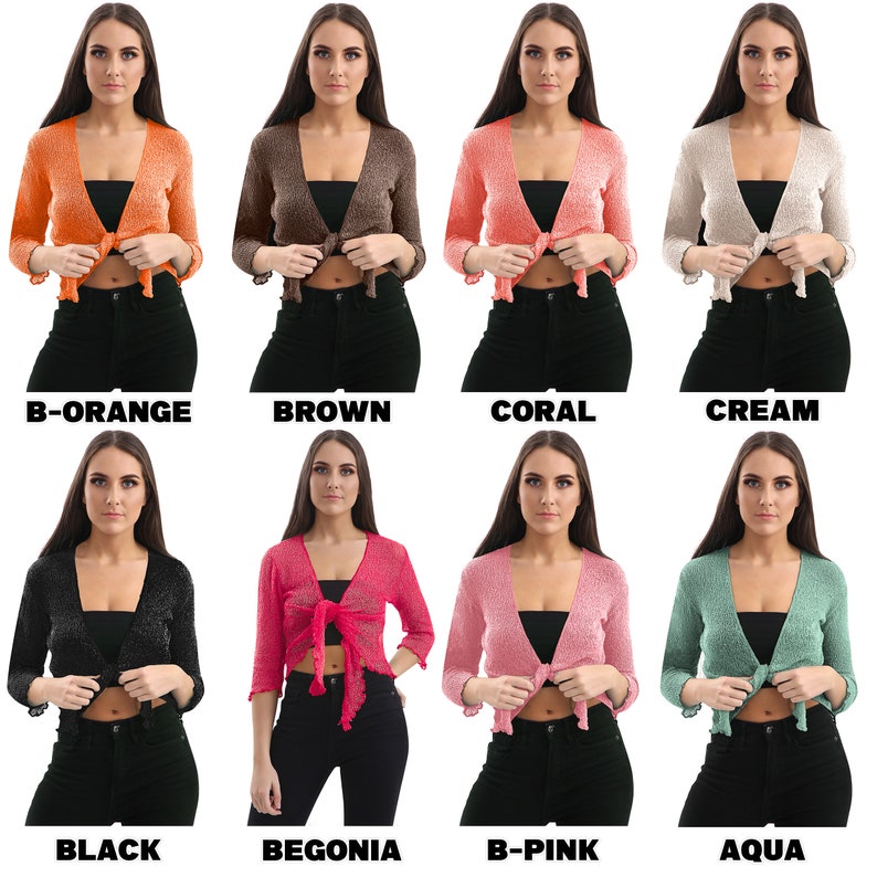 Women Super Stretchy Knitted Tie up Cardigan Fish Net Bolero Shrug Top Ladies Long Sleeves Blouse Lightweight One Size image 7