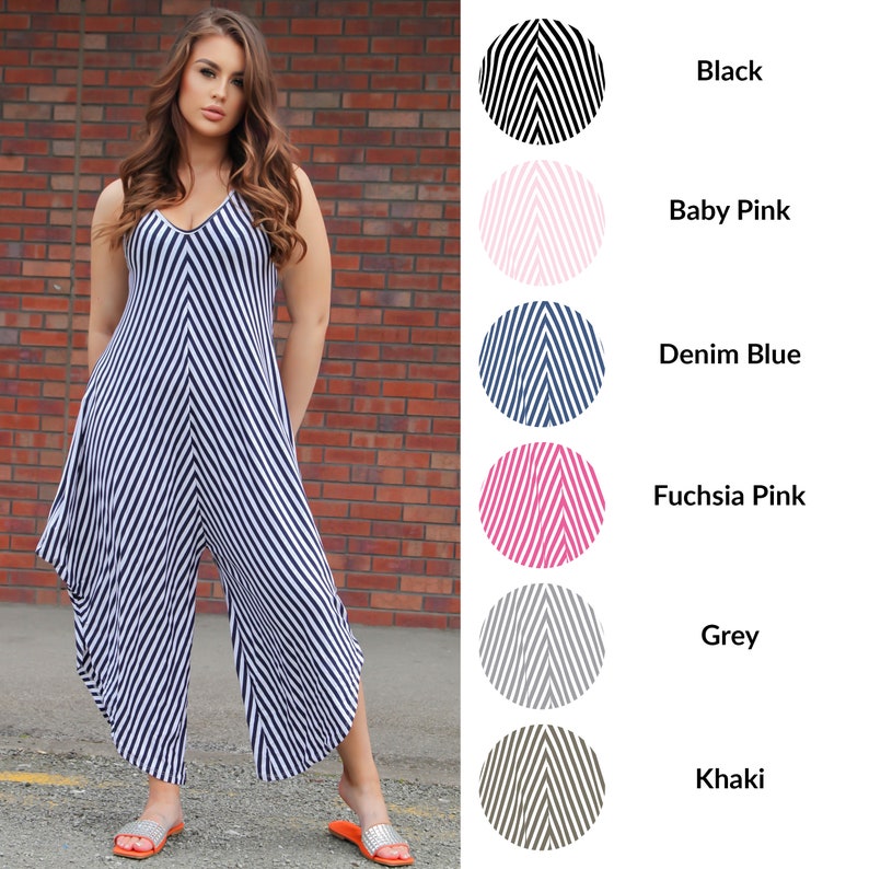 Womens Italian Double V Neck Stripe Hareem Jumpsuit Summer Festival Beach Dress zdjęcie 3