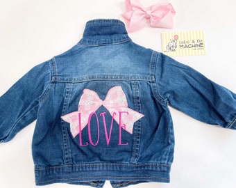 LOVE gingham bow jean jacket, girls jean jacket, embroidered cute jean jacket 3-6 months, toddler jean jacket personalized