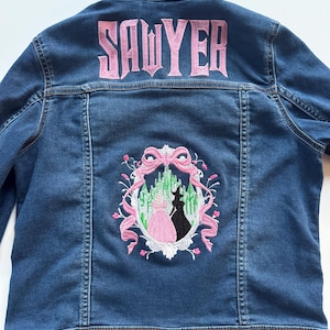Good Witch Bad Witch baby/toddler/girls personalized jean jacket, Wicked Personalized Denim Jacket. Girls denim jacket pink goes with green