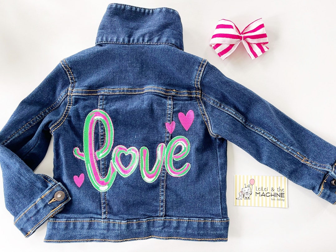 Balloon LOVE Pink Jean Jacket, Girls Jean Jacket, Embroidered Cute Jean