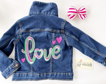 Globo AMOR chaqueta de jean rosa, chaqueta de jean para niñas, chaqueta de jean linda bordada 3t, chaqueta de jean para niños pequeños personalizada