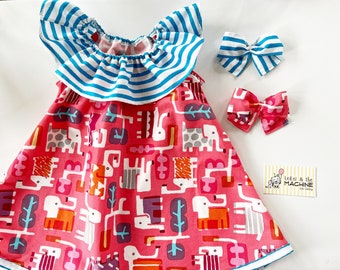 Vestido de línea A con volantes / Vestido para niños pequeños / Vestido de algodón para niñas con lazo: Elephant Love