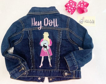 Embroidered "Hey Doll" Jean Jacket, Upcycled Kids Denim, Dolly Parton Fan