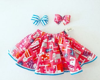 Reversible Modern elephants Circle Skirt/ Toddler Twirl Skirt with bow/ Reversible skirt for girls, Girls skirt