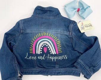 Chaqueta de jean Rainbow Love and Happiness, chaqueta de jean para niñas, chaqueta de jean linda bordada, chaqueta de jean para niños pequeños personalizada 3t