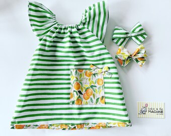 Peasant Style dress with pocket and matching bow/ Toddler Dress/ Cotton girls dress with bow: Summer Oranges