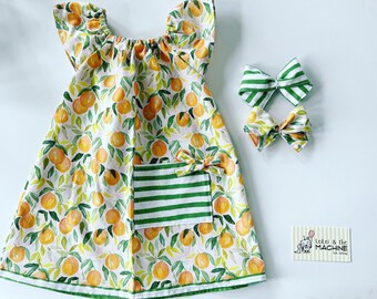 Peasant Style dress with pocket and matching bow/ Toddler Dress/ Cotton girls dress with bow: Summer Oranges