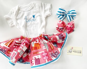 Baby Gift Set with Reversible skirt and organic onsie/Toddler skirt set/Elephant love