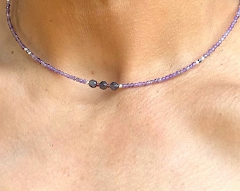 Purple Gemstone Choker with Amethyst and Iolite, Dainty Jewelry Gifts for Her, Small Necklace