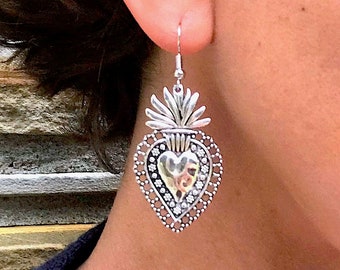 Mexican Sacred Heart Earrings, Milagro Dangle, Large Silver Charm, Gifts for Women, Corazon