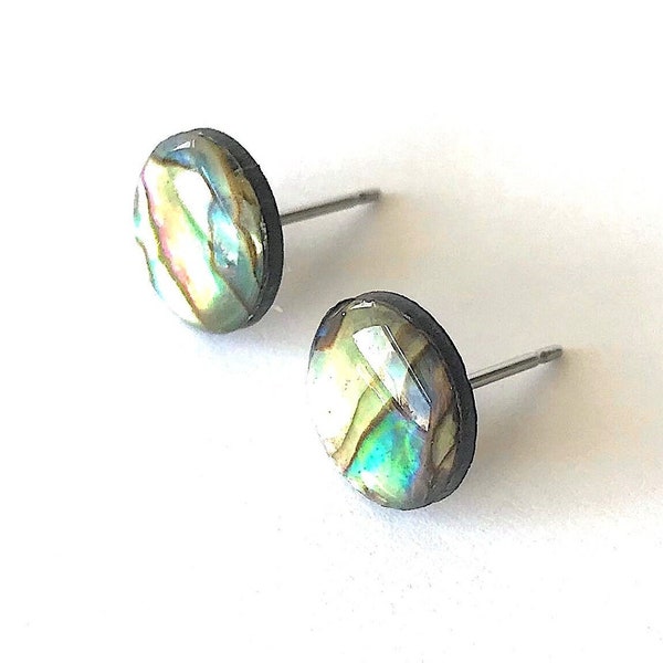 Abalone Stud Earrings, Round Shell Overlay, Stainless Steel Posts, Small and Round, Unique Gifts