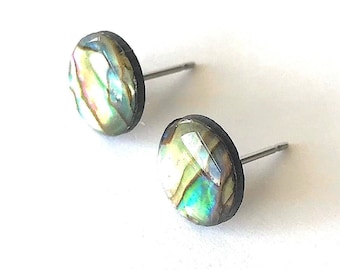 Abalone Stud Earrings, Round Shell Overlay, Stainless Steel Posts, Small and Round, Unique Gifts