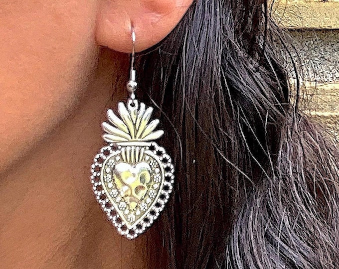 Mexican Sacred Heart Earrings, Milagro Dangle, Large Silver Charm, Gifts for Women, Corazon