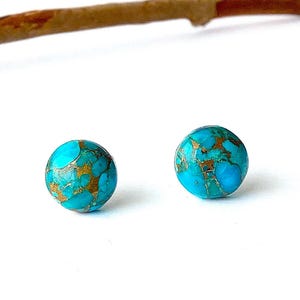 Turquoise Stud Earrings, Gifts for Women, Composite Stone with Gold, Round Blue, Simple Boho Jewelry, Southwest