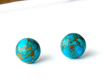 Turquoise Stud Earrings, Gifts for Women, Composite Stone with Gold, Round Blue, Simple Boho Jewelry, Southwest