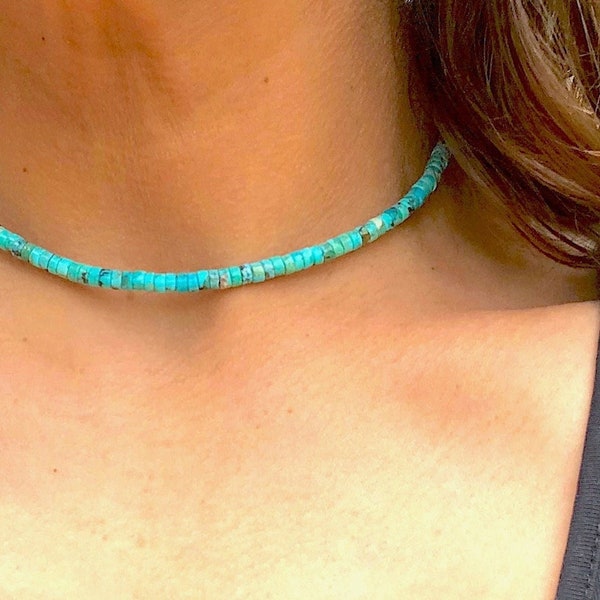 Kingman Turquoise Choker, Short Necklaces, Beaded in Real Arizona Turquoise, Southwest Stone Jewelry Gifts for Women