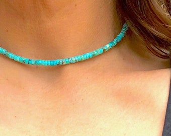 Kingman Turquoise Choker, Short Necklaces, Beaded in Real Arizona Turquoise, Southwest Stone Jewelry Gifts for Women