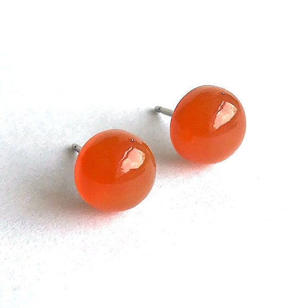 Orange Carnelian Studs, Simple Gemstone Earrings for Men or Women, Stone Jewelry Gifts, Small Round