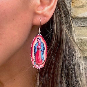 Virgin Mary Earrings, Lady of Guadalupe, Mexican Dangle, Big and Lightweight, Statement, Catholic Gifts