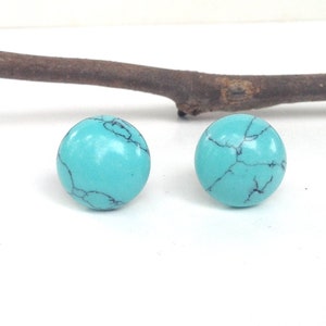 Round Turquoise Studs on Stainless Steel, Dyed Howlite, Big Stone Earrings, Faux Turquoise Jewelry for Women, Boho Gifts, Light Blue