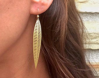 Geometric Brass Leaf Dangle Earrings: Lightweight Modern Jewelry Gift